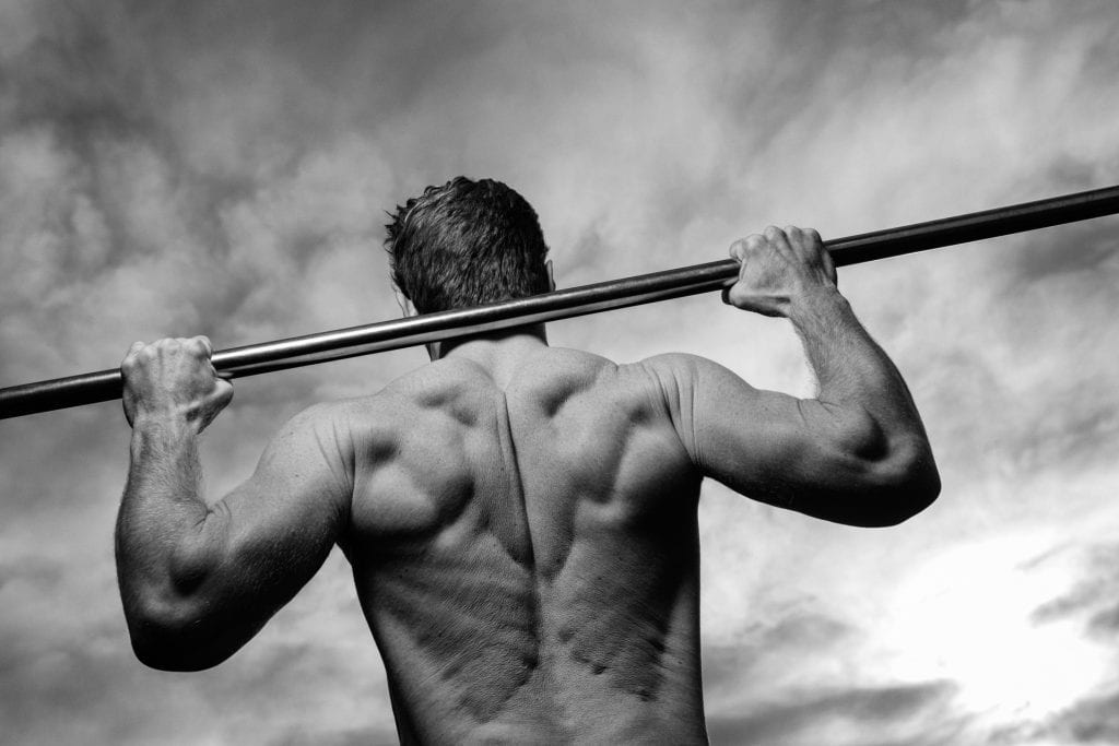 Muscular male performs pull up showing back muscles